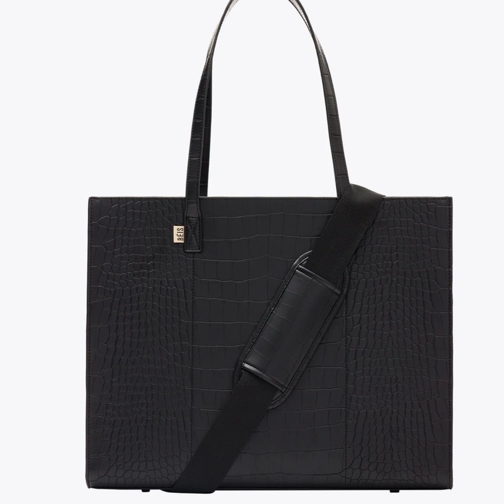 BEIS Black Croc-Embossed Tote with Adjustable Strap